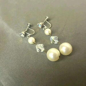 Vintage faux pearl and crystal dangling screw back earrings